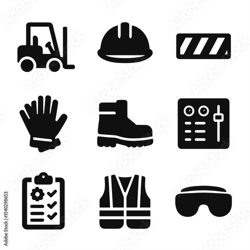 Heavy Machinery Icons. Solid, filled icons set of heavy machinery operation: forklift icon, safety helmet,