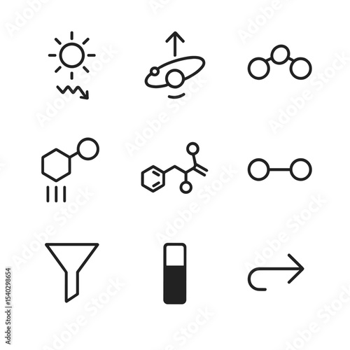Energy Conversion Icons. Outline icon set of energy conversion: photon absorption, excited electron, energy carrier, ATP molecule,