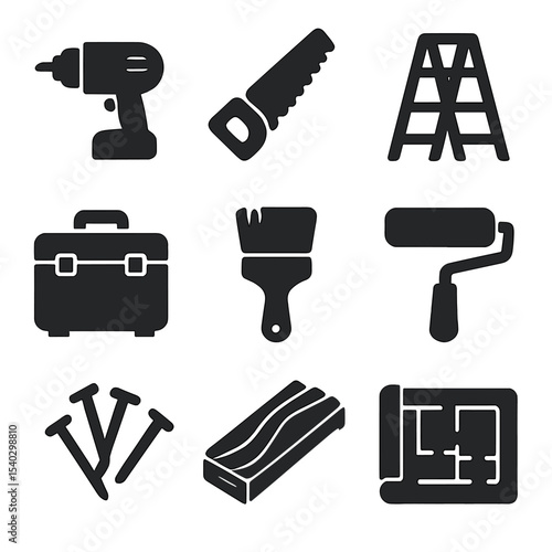 Home Renovation Icons. Solid, filled icons set of home renovation ideas: power drill, saw icon, ladder icon,