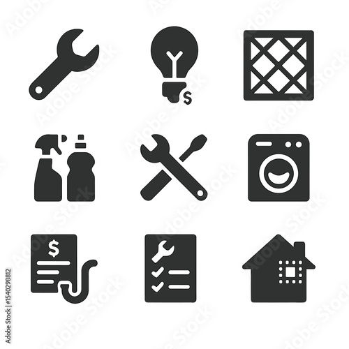 Home Maintenance Icons. Solid, filled icons set of home maintenance budgeting: repair wrench, light bulb, air