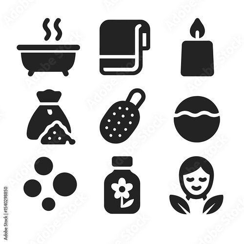 Home Spa Icons. Solid, filled icons set of spa and wellness at home: bath icon, towel, candle, bath salts,