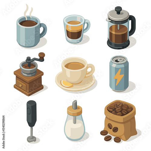 Essential Beverage Icons. Isometric Flat icon set of essential wake-up beverages: steaming coffee mug, espresso shot, French press