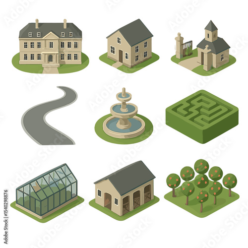 Isometric Estate Icon Set. Isometric Flat icon set of sprawling estate grounds: main mansion, guest house, gatehouse, winding