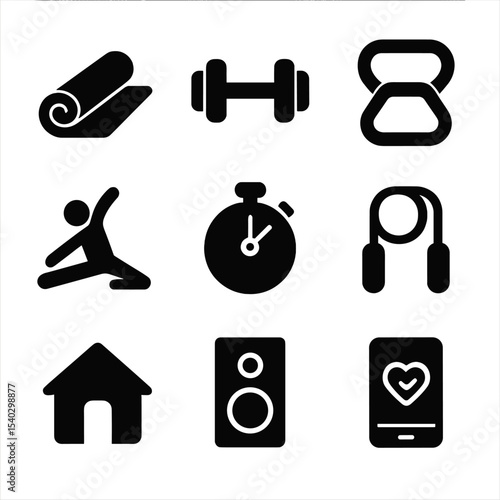 Home Workout Icons. Solid, filled icons set of home workout routines: yoga mat, dumbbell, resistance band,