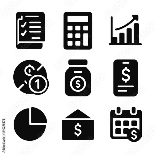 Household Budget Icons. Solid, filled icons set of household budgeting tools: budget planner, calculator,