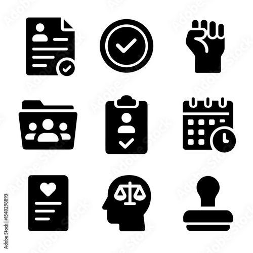 HR Compliance Icons. Solid, filled icons set of HR compliance and labor laws: employment contract, equality