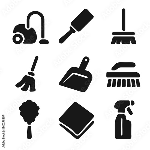 Household Cleaning Icons. Solid, filled icons set of household cleaning tools: vacuum cleaner, lint roller,