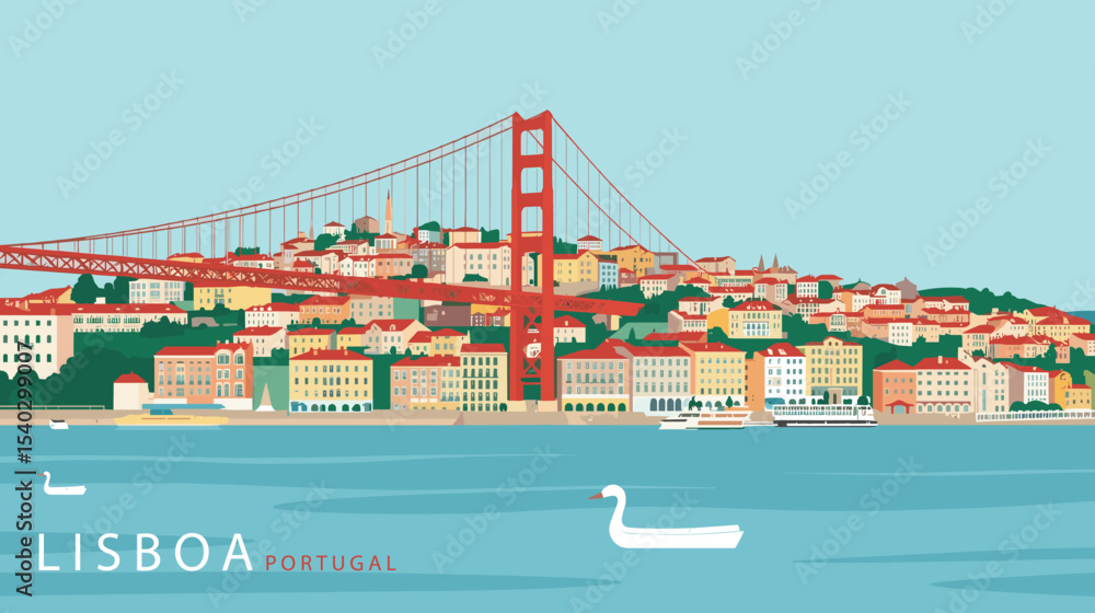 custom made wallpaper toronto digitalFlat vector of Lisbon with 25 de Abril Bridge, colorful riverside buildings and a white swan on the Tejo River
