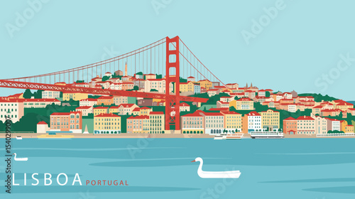 Flat vector of Lisbon with 25 de Abril Bridge, colorful riverside buildings and a white swan on the Tejo River
