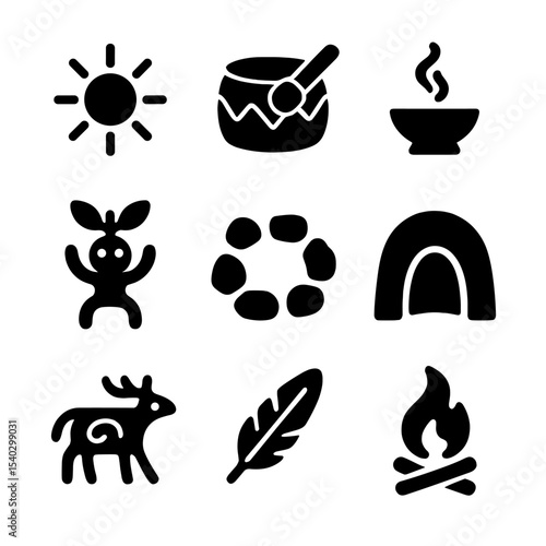 Indigenous Rituals Icon Grid. Solid, filled icons set of Indigenous and tribal fasting rituals: sun icon,