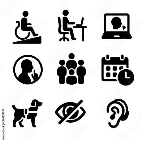 Inclusive Office Icons. Solid, filled icons set of office inclusivity: ramp access, ergonomic workspace,