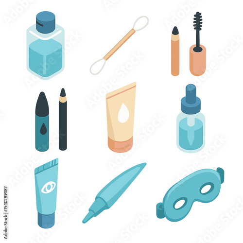 Eye Makeup Essentials. Isometric Flat icon set of eye makeup removal essentials: eye makeup remover bottle, cotton swab, mascara