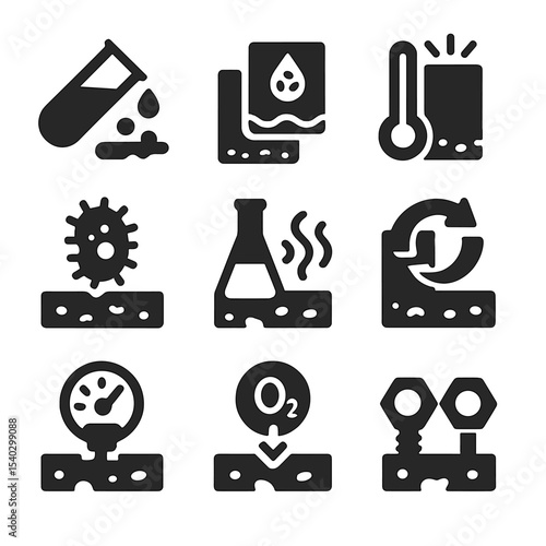 Industrial Corrosion Icons. Solid, filled icons set of industrial corrosion sources: acidic fluid, saltwater