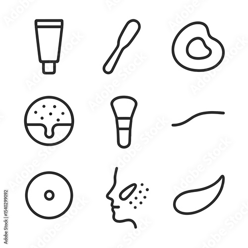 Face Primer Icons. Outline icon set of face primer: primer tube, smoothing spatula, silicone texture, pore filler, makeup brush,