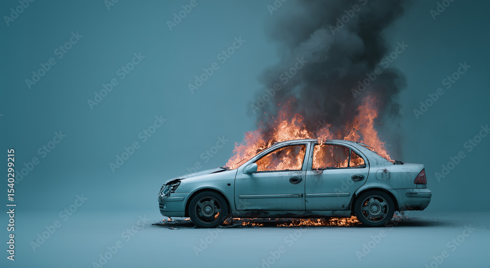 Vehicle engulfed in flames with dense smoke billowing in a stark environment capturing a dramatic moment of destruction and chaos Vehicle engulfed in flames with dense smoke billowing in a stark environment capturing a dramatic moment of destruction and chaos