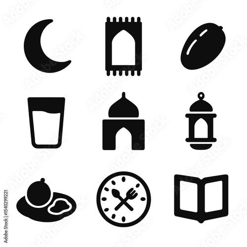 Islamic Fasting Icons. Solid, filled icons set of fasting in Islam (Ramadan): crescent moon, prayer rug, date