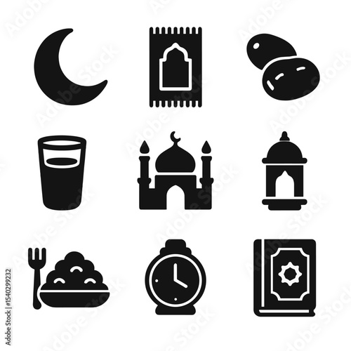 Islamic Fasting Icons. Solid, filled icons set of fasting in Islam (Ramadan): crescent moon, prayer rug, date