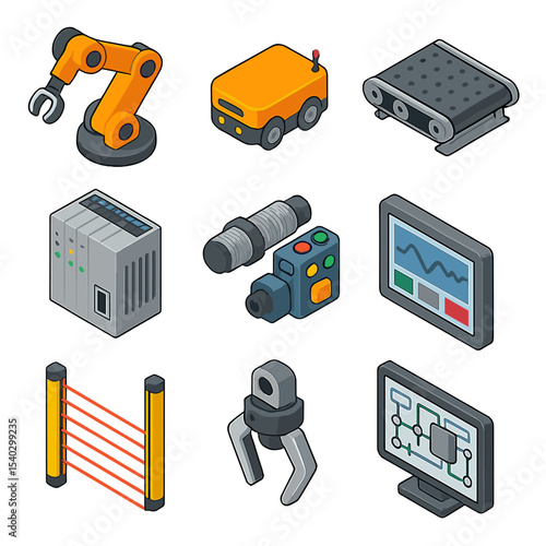 Factory Automation Icons. Isometric Flat icon set of factory automation systems: robotic arm, AGV vehicle, conveyor belt, PLC