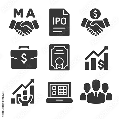 Investment Banking Icons. Solid, filled icons set of investment banking tools: M\&A icon, IPO file, investment