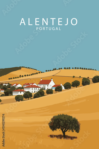 Vector scene of Alentejo with a solitary tree in the foreground and a traditional village surrounded by rolling golden fields
