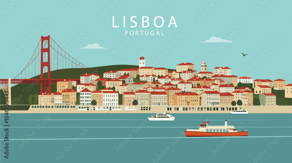 Obraz premium Flat vector illustration of Lisbon with the 25 de Abril Bridge, Tejo River, boats, and colorful city buildings in a sunny, minimalist style