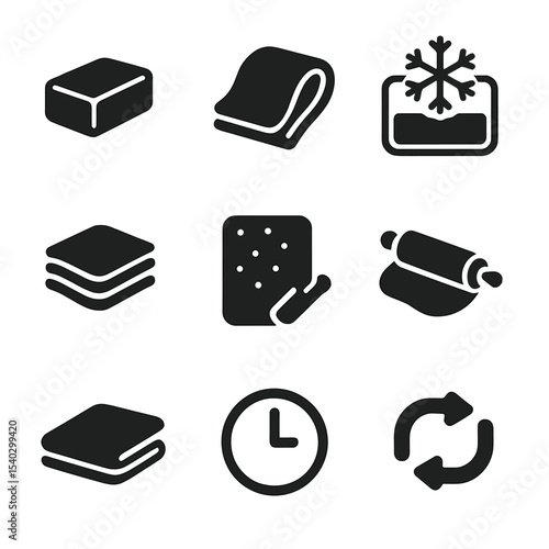 Laminated Dough Icons. Solid, filled icons set of laminated dough process: butter slab, folding dough,