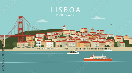 Flat vector illustration of Lisbon with the 25 de Abril Bridge, Tejo River, boats, and colorful city buildings in a sunny, minimalist style