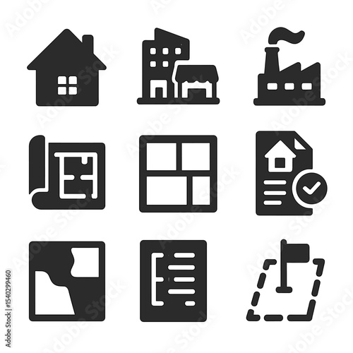 Land Use Icons Grid. Solid, filled icons set of land use and zoning: residential zone, commercial zone,