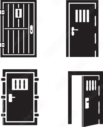 Closed Jail Door Icon Set with Lock and Frame