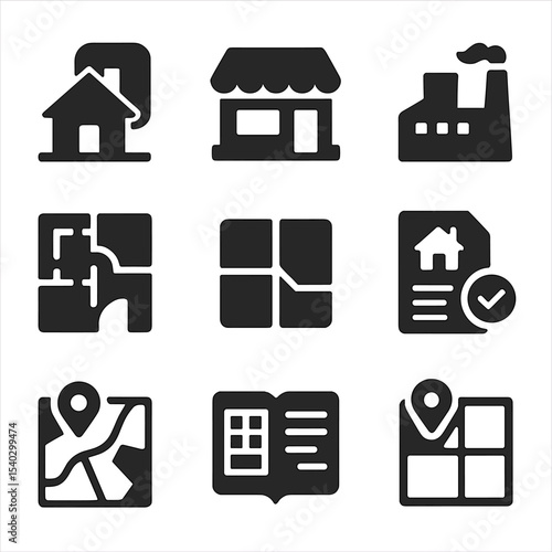 Land Use Icons Grid. Solid, filled icons set of land use and zoning: residential zone, commercial zone,