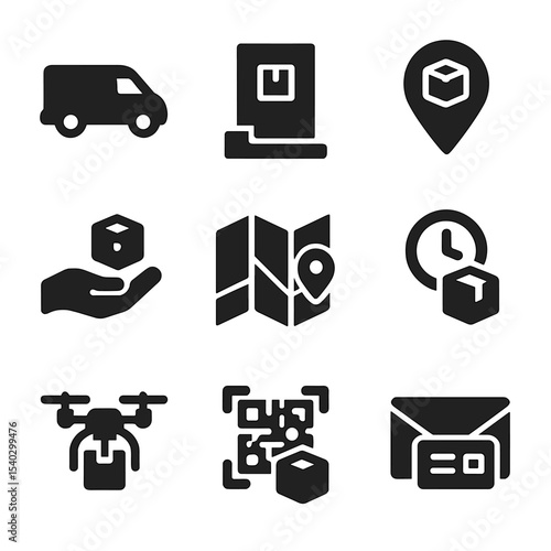Last-Mile Delivery Icons. Solid, filled icons set of last-mile delivery systems: delivery van, doorstep