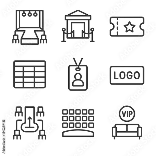Fashion Week Icons. Outline icon set of fashion week events: runway stage, venue entrance, ticket stub, schedule timetable,