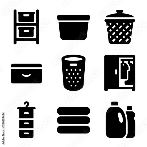 Laundry Icons Set. Solid, filled icons set of laundry storage and organization: storage shelf, fabric bin,