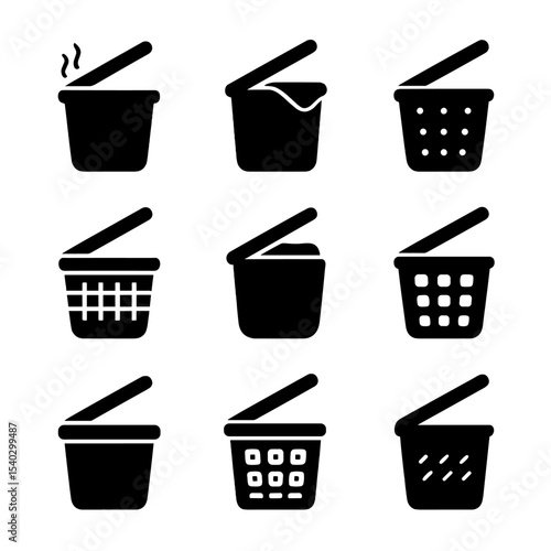 Laundry Hamper Icons. Solid, filled icons set of laundry hamper lid: hamper icon, hinged lid, fabric basket,