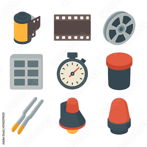 Film Icon Collection. Isometric Flat icon set of film negative storage: film canister, sprocket holes, dusty sleeve, projector