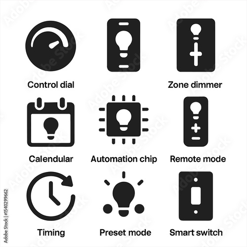 Lighting Control Icons. Solid, filled icons set of lighting controls and automation: control dial, mobile app
