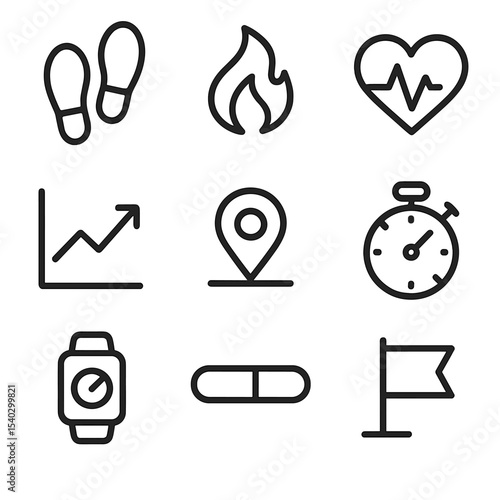 Fitness Tracker Icons. Outline icon set of fitness tracking metrics: step count, calorie burn, heart rate, pace chart, distance