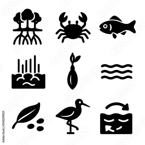 Mangrove Ecosystem Icons. Solid, filled icons set of mangrove forests: mangrove roots, crab, mudskipper,