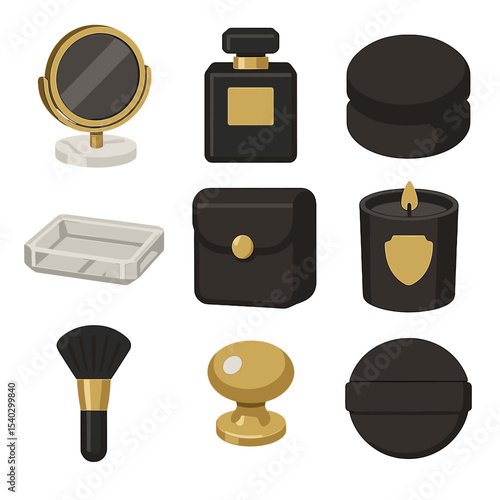 Luxury Vanity Icons. Solid, filled icons set of luxury vanity accessories: marble mirror base, gold rim,