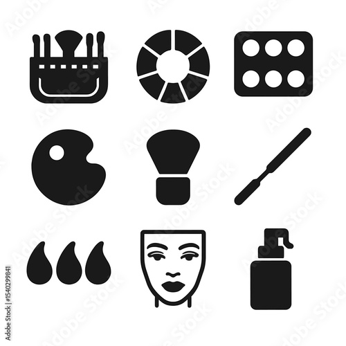 Makeup Artist Tools. Solid, filled icons set of professional makeup artist tools: brush belt, color wheel,