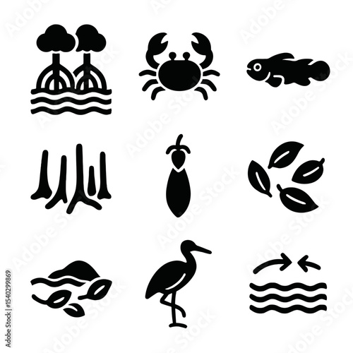 Mangrove Ecosystem Icons. Solid, filled icons set of mangrove forests: mangrove roots, crab, mudskipper,