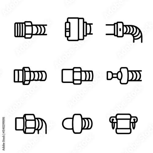 Flexible Hose Connection Icons. Outline icon set of flexible hose connection types: threaded coupling, push-fit connector,