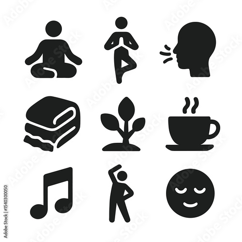 Mindful Stress Icons. Solid, filled icons set of mindful stress management: meditation icon, yoga pose,