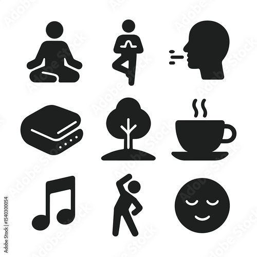 Mindful Stress Icons. Solid, filled icons set of mindful stress management: meditation icon, yoga pose,