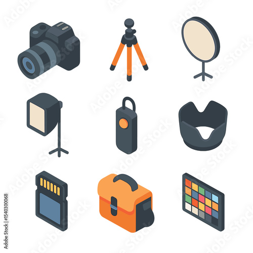 Food Photography Icons. Isometric Flat icon set of food photography equipment: camera with lens, tripod, reflector board, softbox