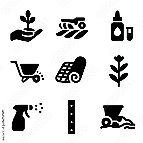Mine Reclamation Tools Icons. Solid, filled icons set of mine site reclamation tools: replanting tree, contour