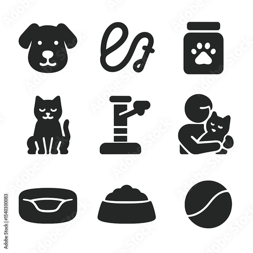 Mindful Pet Care Icons. Solid, filled icons set of mindful pet care: pet icon, leash, treat jar, scratching