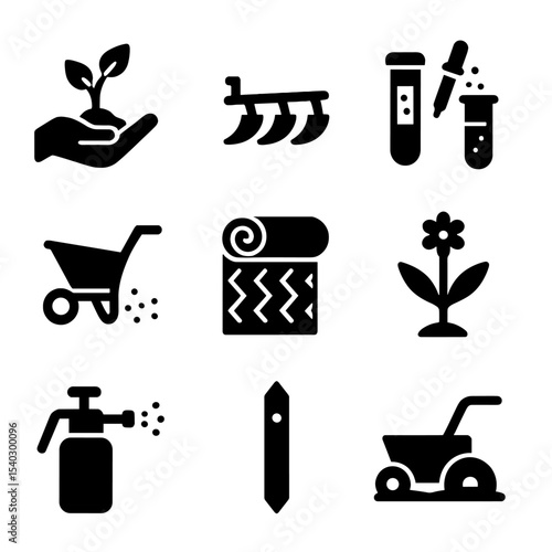 Mine Reclamation Tools Icons. Solid, filled icons set of mine site reclamation tools: replanting tree, contour