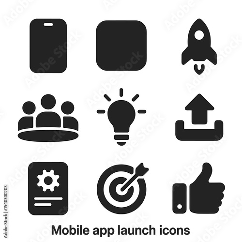 Mobile App Icons. Solid, filled icons set of mobile app launch: smartphone icon, app icon, rocket icon, team