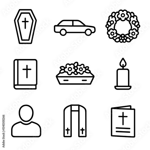 Funeral Icon Set. Outline icon set of funeral service essentials: coffin, hearse, floral wreath, prayer book, casket spray,